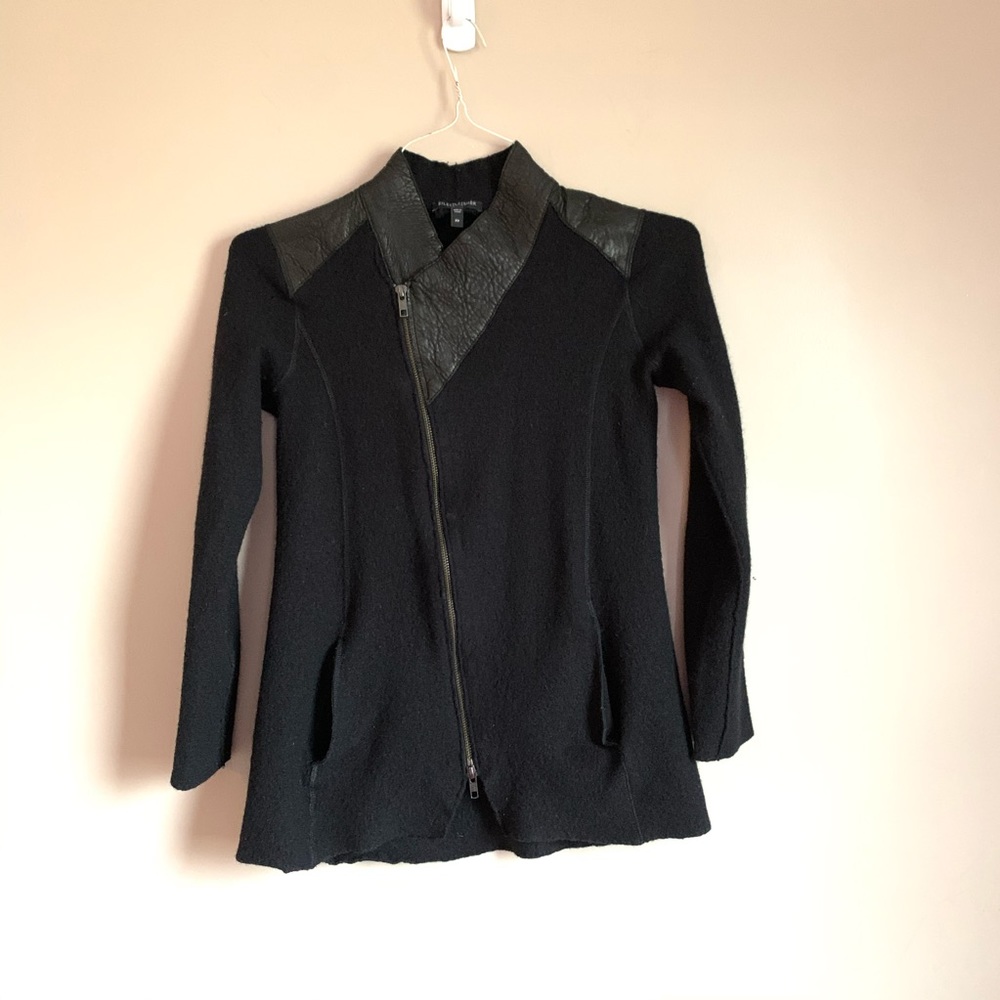 Eileen Fisher petite wool leather black Jacket